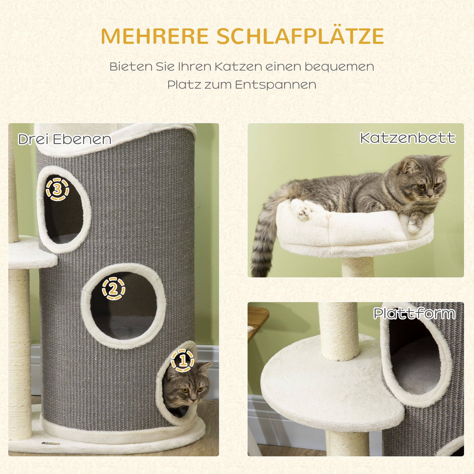 Cat Tree, 109 cm, Cat Tree with Scratching Barrel, Climbing Tree, Cat Scratching Post with Cat Bed, Cat Furniture with Sisal Posts, Cat Scratching Barrel for Cats, White+Gray