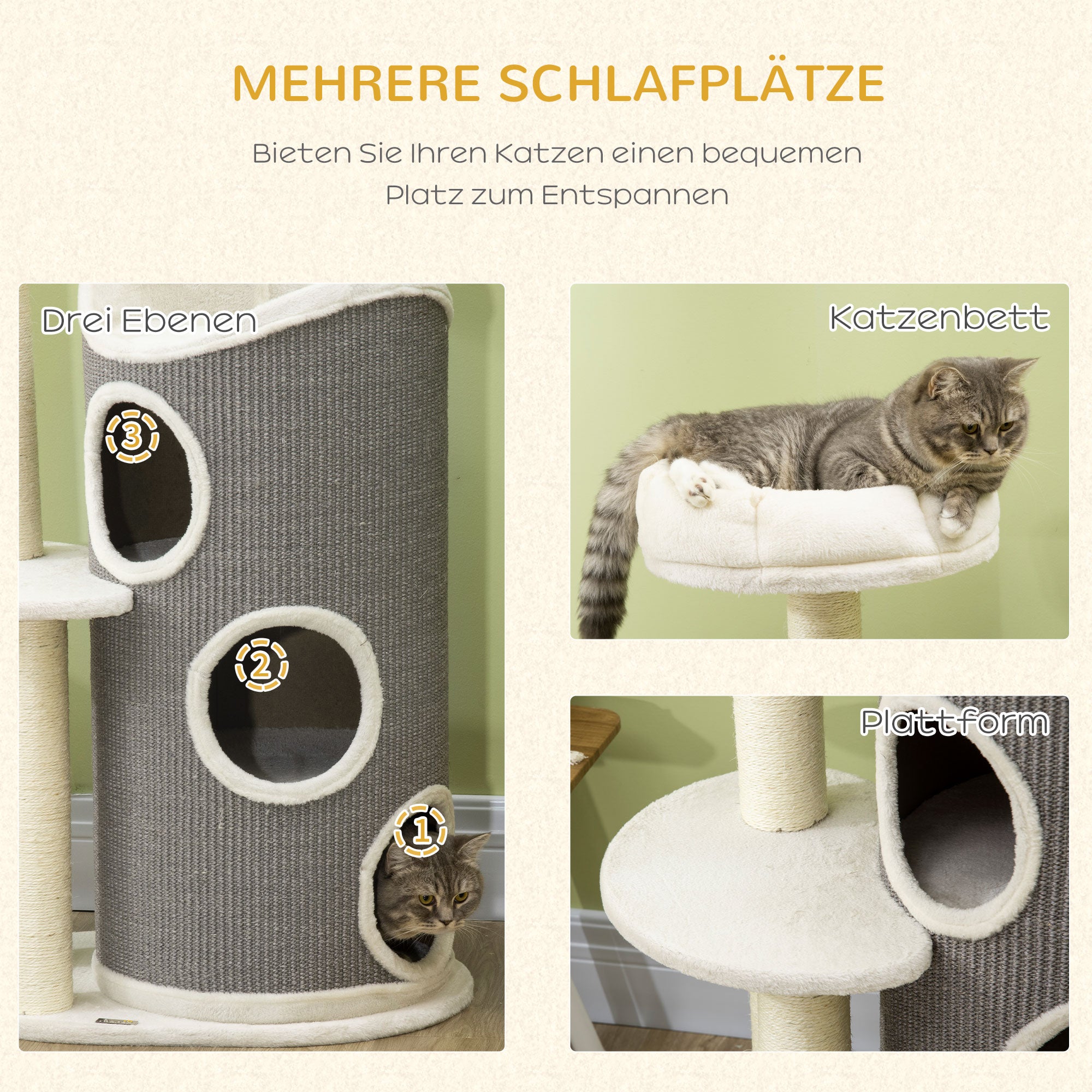 Cat Tree, 109 cm, Cat Tree with Scratching Barrel, Climbing Tree, Cat Scratching Post with Cat Bed, Cat Furniture with Sisal Posts, Cat Scratching Barrel for Cats, White+Gray