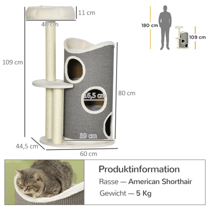 Cat Tree, 109 cm, Cat Tree with Scratching Barrel, Climbing Tree, Cat Scratching Post with Cat Bed, Cat Furniture with Sisal Posts, Cat Scratching Barrel for Cats, White+Gray