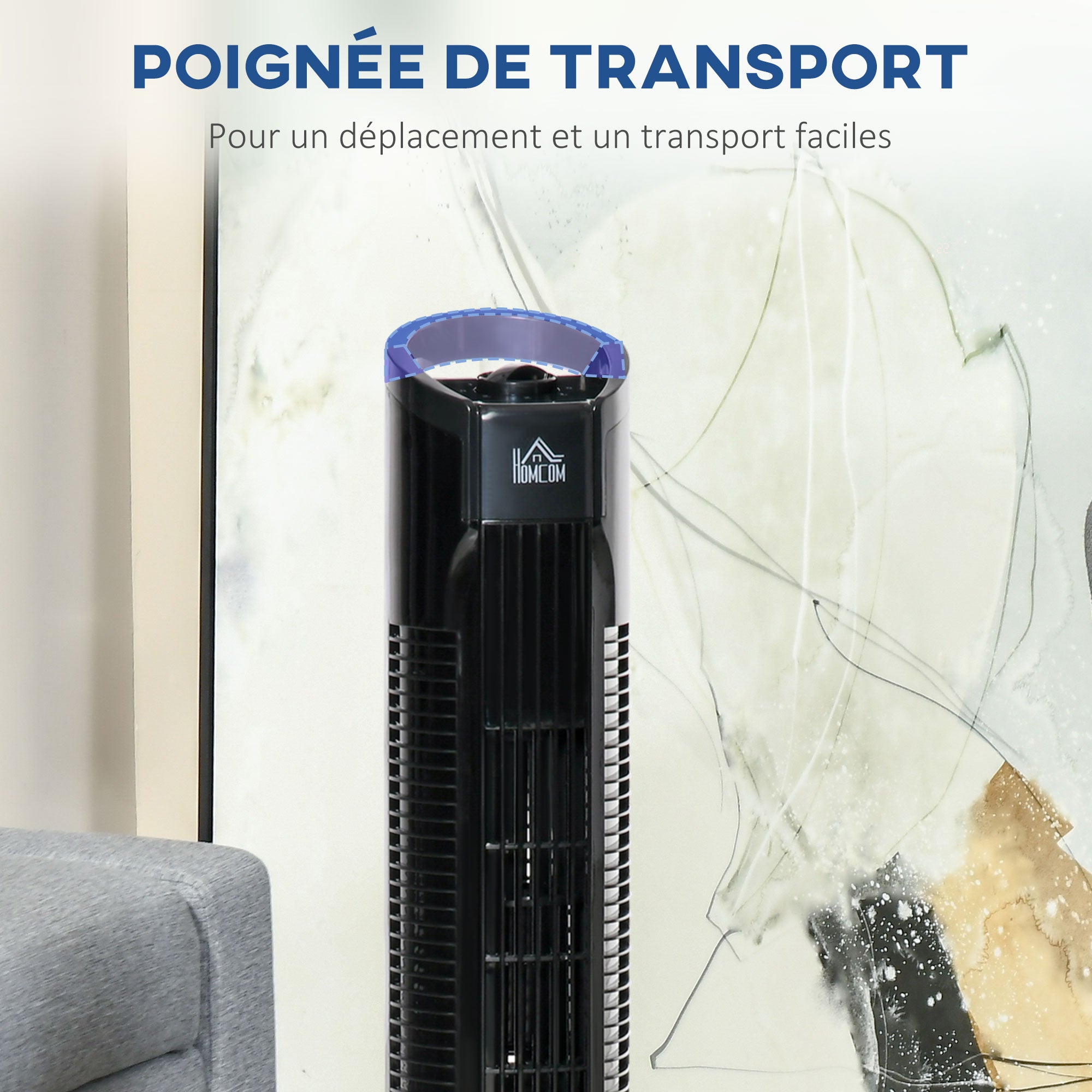 Modern Column Fan, 3 Speeds with 70° Oscillation, Tower Fan with Round Base and Handle, 50W Power, Ø 20 x 78.5 cm, black