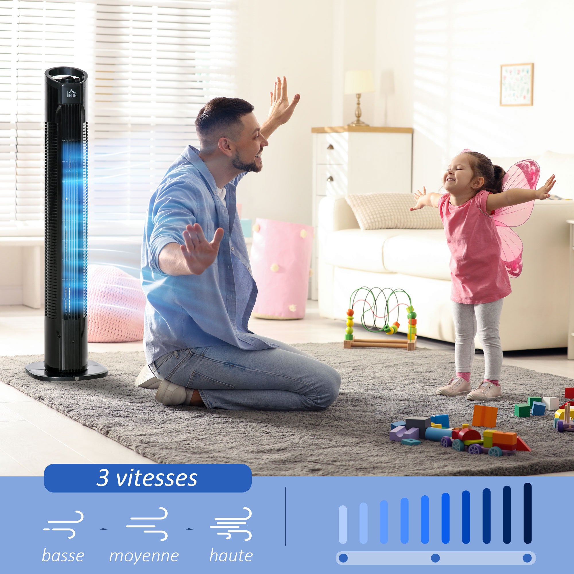 Modern Column Fan, 3 Speeds with 70° Oscillation, Tower Fan with Round Base and Handle, 50W Power, Ø 20 x 78.5 cm, black