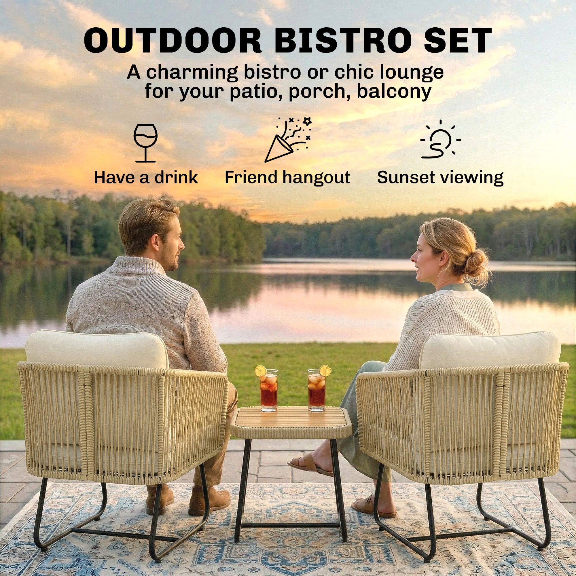 3-Piece Rattan Bistro Set with Acacia Slatted Table & 2 Padded Chairs, Cream White