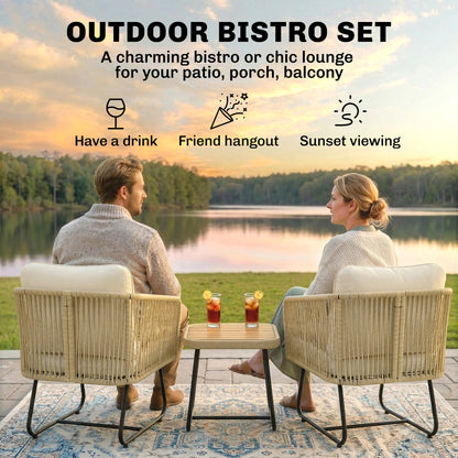3-Piece Rattan Bistro Set with Acacia Slatted Table & 2 Padded Chairs, Cream White