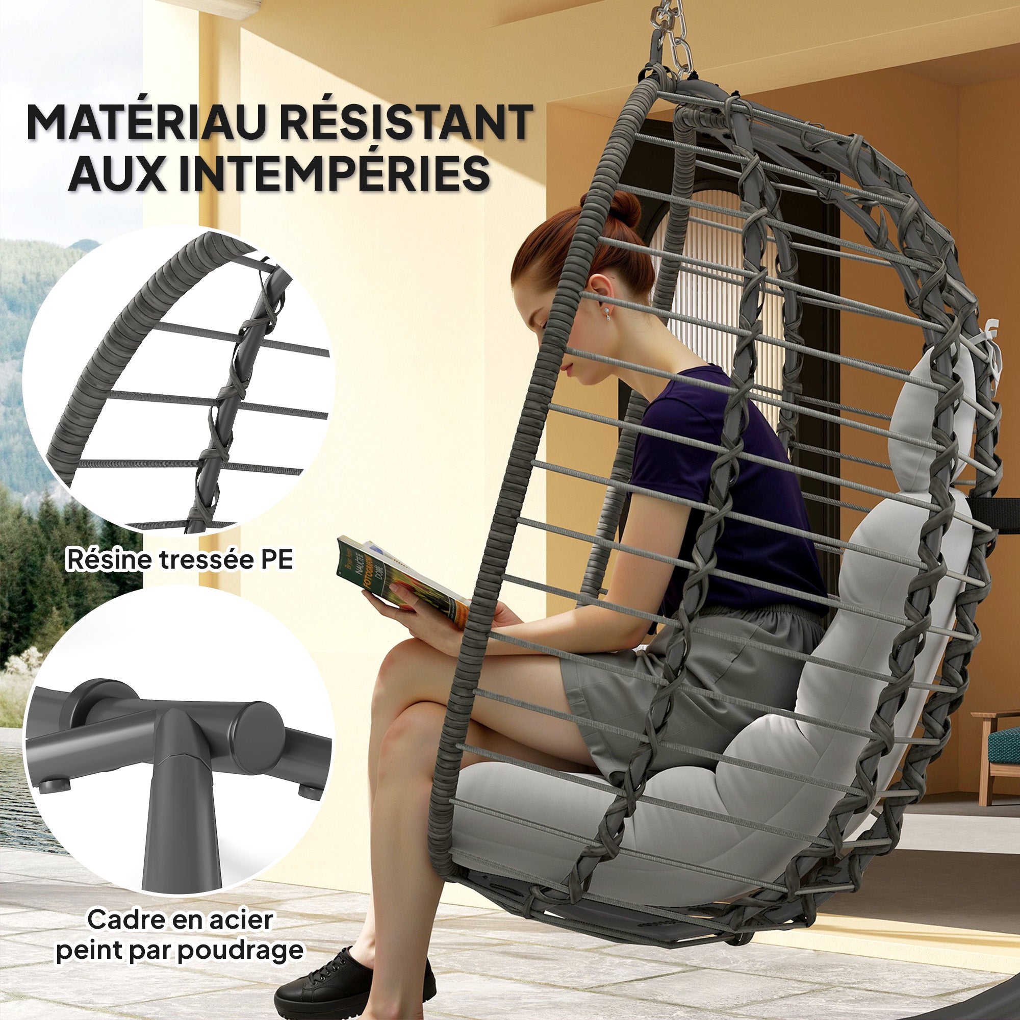Foldable Hanging Chair in Woven Resin with Stand, Hanging Egg Chair, Hammock Swing Chair, Cushion and Pillow, Adjustable Height, Steel Frame, Indoor and Outdoor, Gray