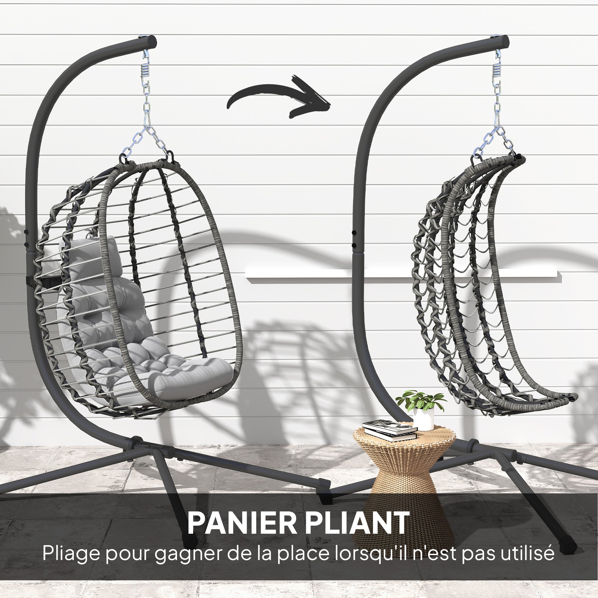 Foldable Hanging Chair in Woven Resin with Stand, Hanging Egg Chair, Hammock Swing Chair, Cushion and Pillow, Adjustable Height, Steel Frame, Indoor and Outdoor, Gray