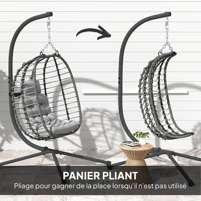 Foldable Hanging Chair in Woven Resin with Stand, Hanging Egg Chair, Hammock Swing Chair, Cushion and Pillow, Adjustable Height, Steel Frame, Indoor and Outdoor, Gray