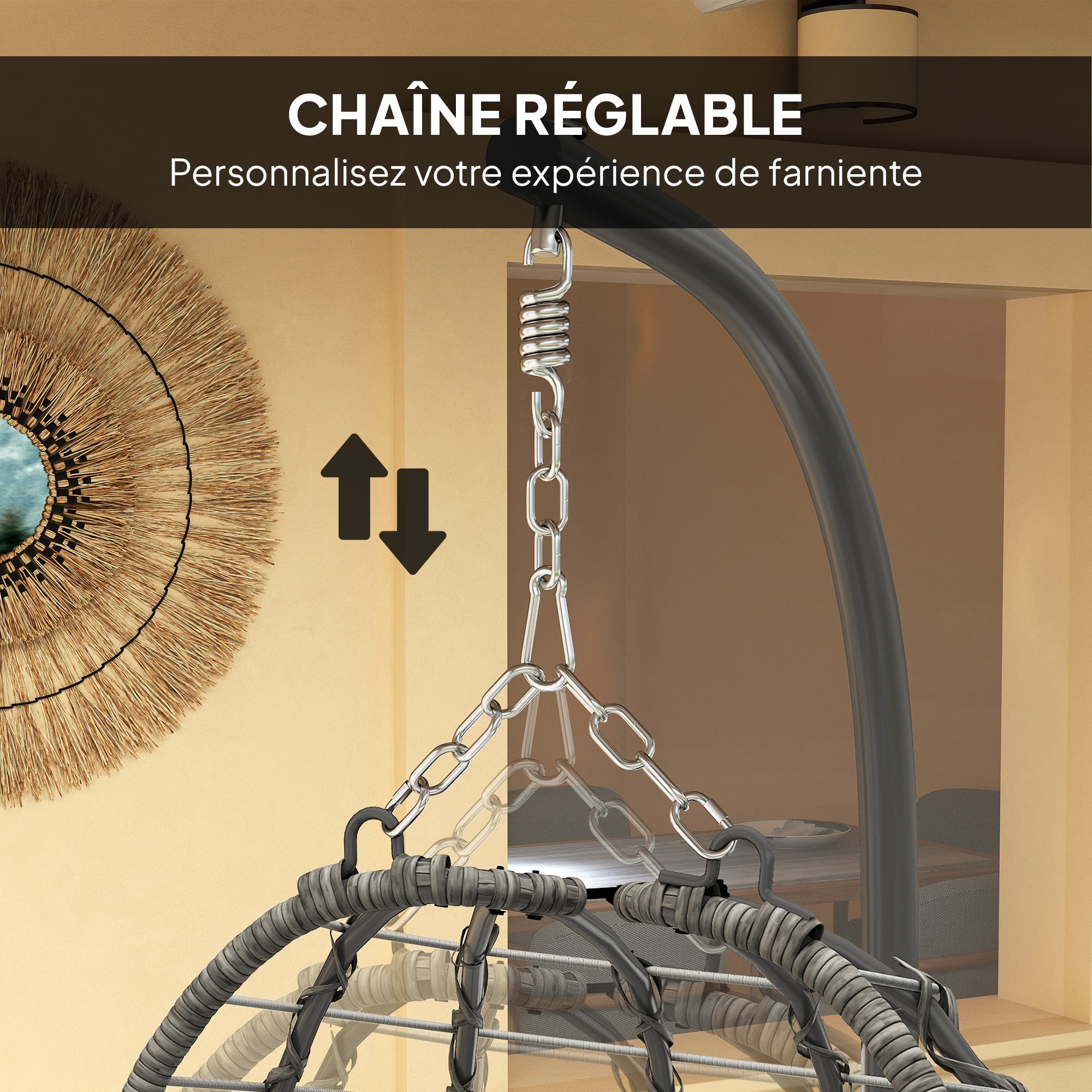 Foldable Hanging Chair in Woven Resin with Stand, Hanging Egg Chair, Hammock Swing Chair, Cushion and Pillow, Adjustable Height, Steel Frame, Indoor and Outdoor, Gray