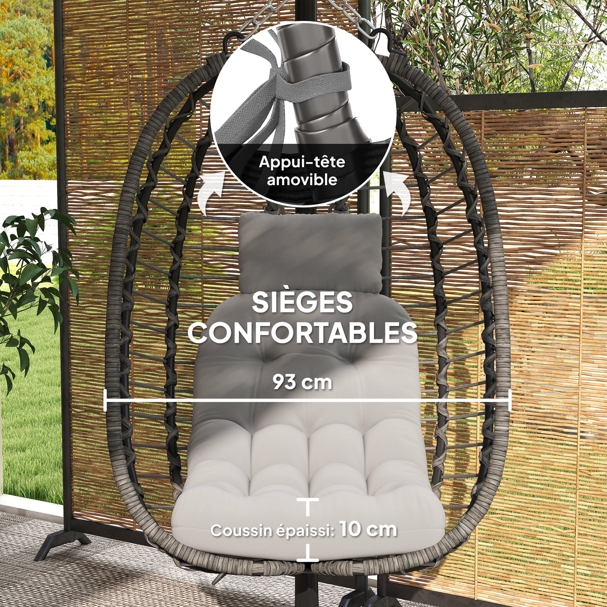 Foldable Hanging Chair in Woven Resin with Stand, Hanging Egg Chair, Hammock Swing Chair, Cushion and Pillow, Adjustable Height, Steel Frame, Indoor and Outdoor, Gray
