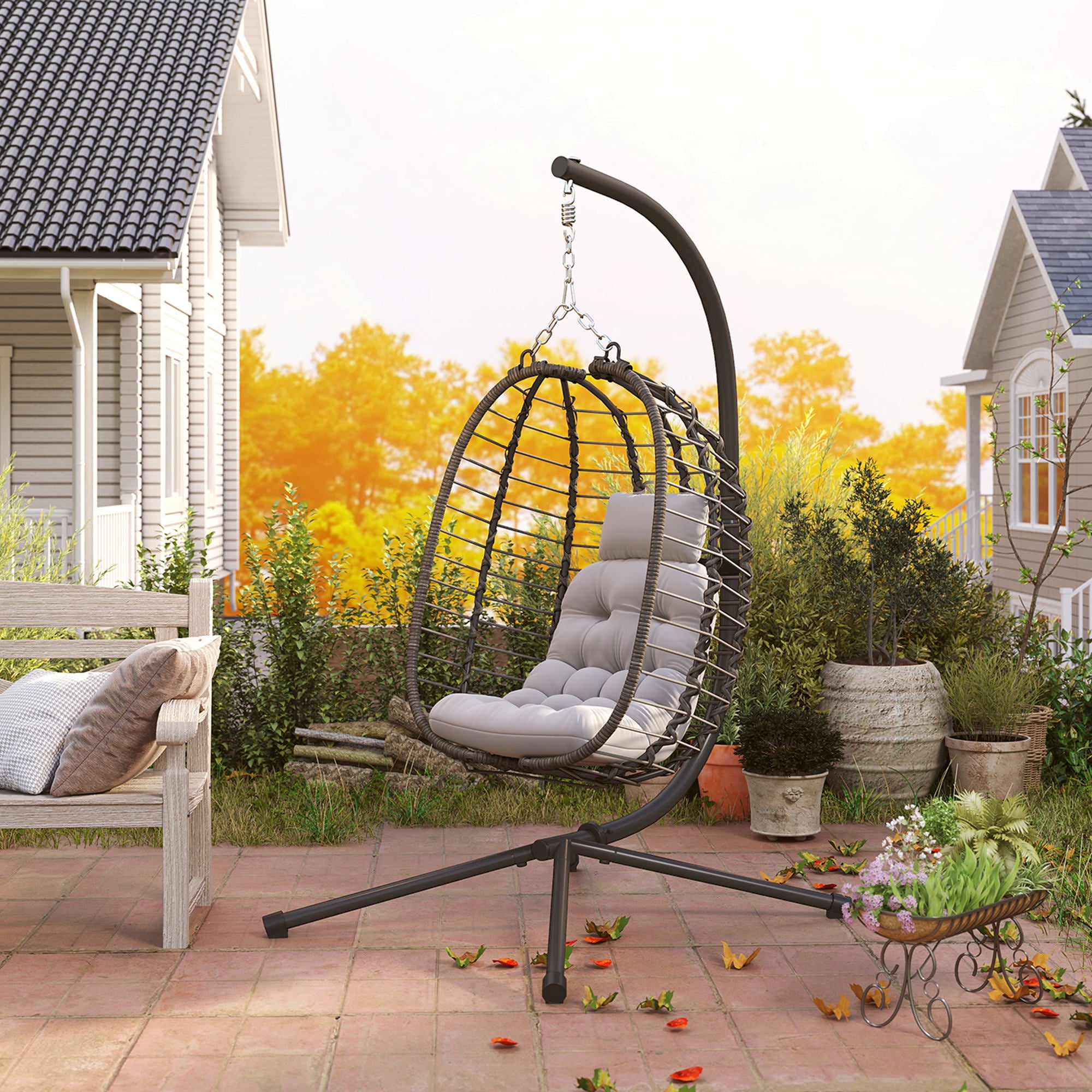 Foldable Hanging Chair in Woven Resin with Stand, Hanging Egg Chair, Hammock Swing Chair, Cushion and Pillow, Adjustable Height, Steel Frame, Indoor and Outdoor, Gray
