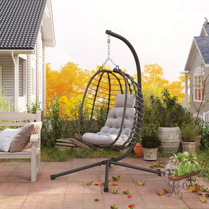 Foldable Hanging Chair in Woven Resin with Stand, Hanging Egg Chair, Hammock Swing Chair, Cushion and Pillow, Adjustable Height, Steel Frame, Indoor and Outdoor, Gray