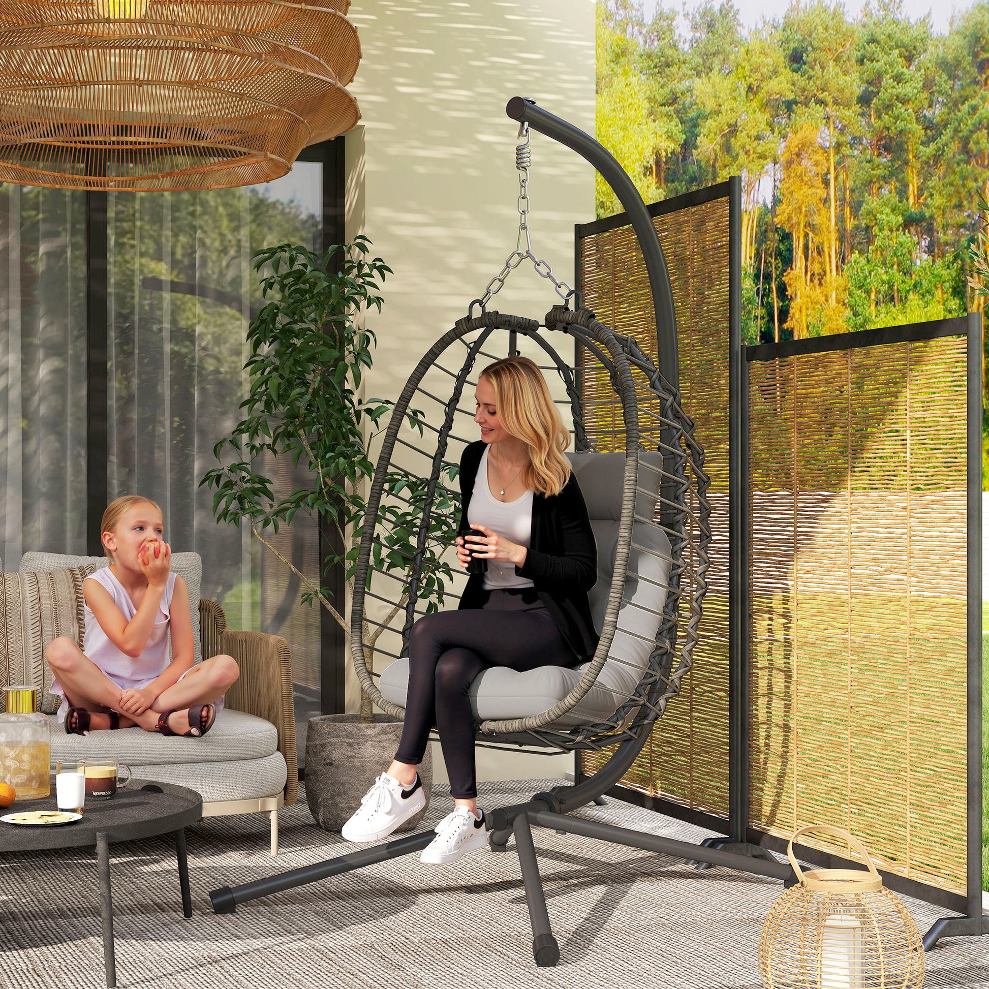 Foldable Hanging Chair in Woven Resin with Stand, Hanging Egg Chair, Hammock Swing Chair, Cushion and Pillow, Adjustable Height, Steel Frame, Indoor and Outdoor, Gray