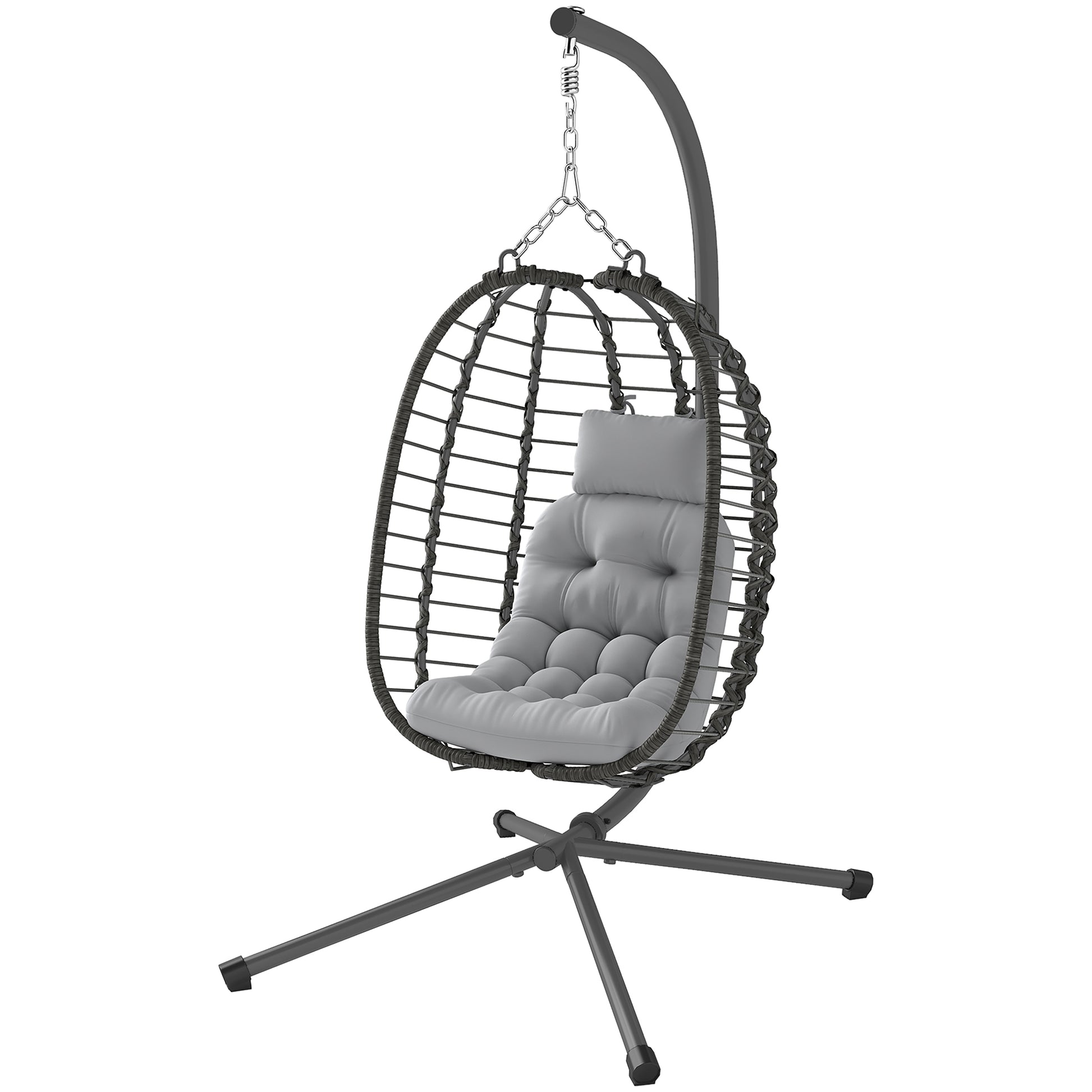 Foldable Hanging Chair in Woven Resin with Stand, Hanging Egg Chair, Hammock Swing Chair, Cushion and Pillow, Adjustable Height, Steel Frame, Indoor and Outdoor, Gray