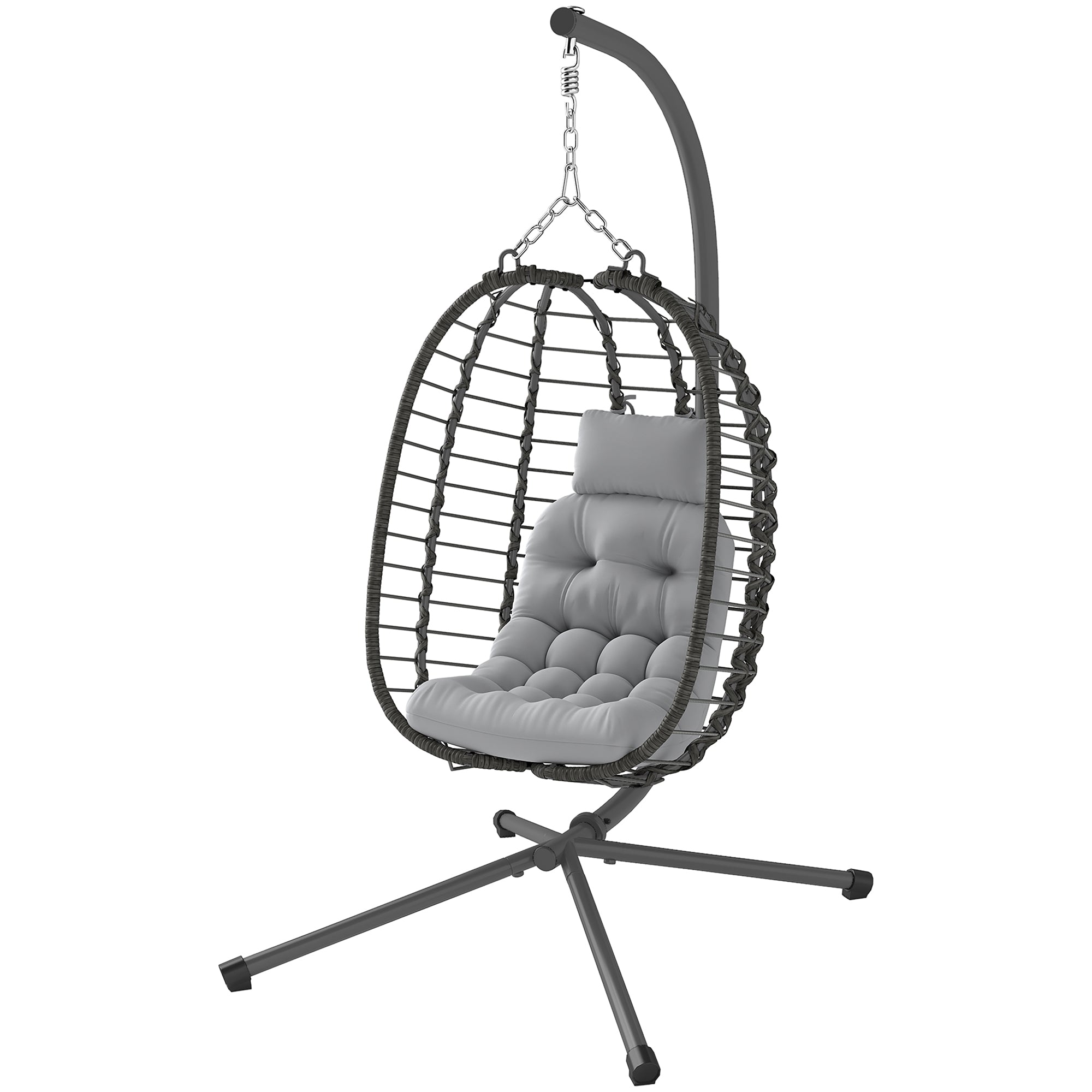 Foldable Hanging Chair in Woven Resin with Stand, Hanging Egg Chair, Hammock Swing Chair, Cushion and Pillow, Adjustable Height, Steel Frame, Indoor and Outdoor, Gray