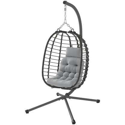 Foldable Hanging Chair in Woven Resin with Stand, Hanging Egg Chair, Hammock Swing Chair, Cushion and Pillow, Adjustable Height, Steel Frame, Indoor and Outdoor, Gray