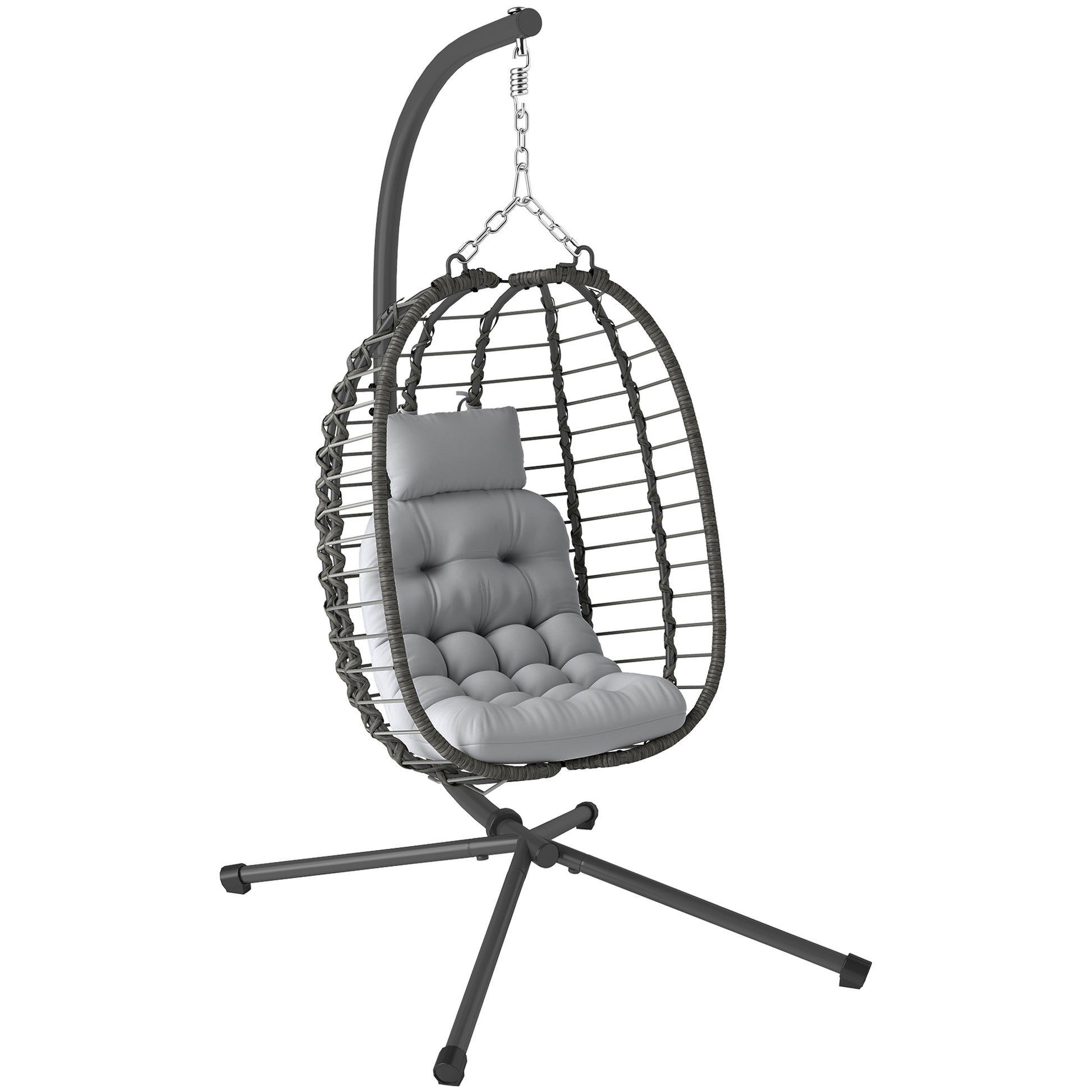 Foldable Hanging Chair in Woven Resin with Stand, Hanging Egg Chair, Hammock Swing Chair, Cushion and Pillow, Adjustable Height, Steel Frame, Indoor and Outdoor, Gray