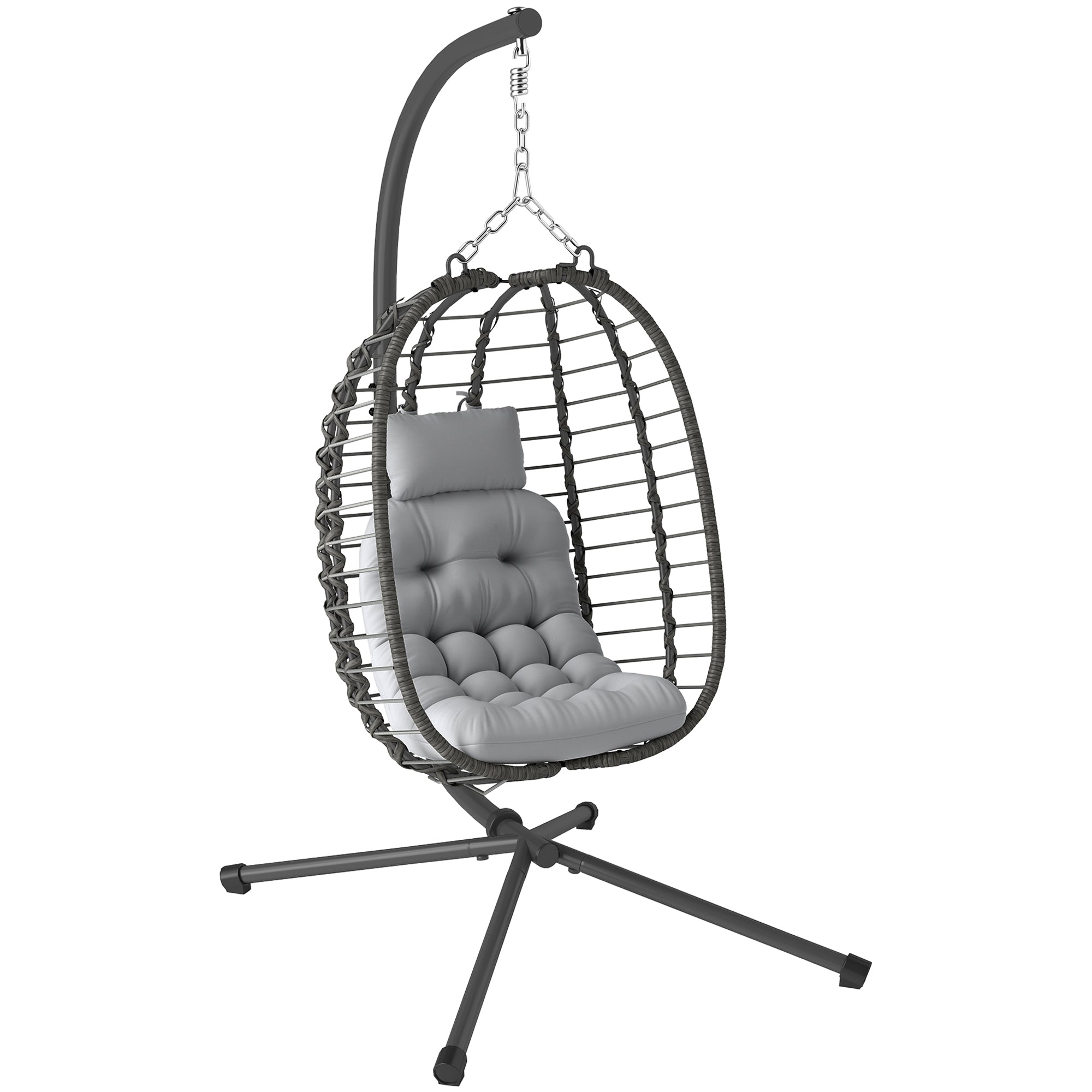 Foldable Hanging Chair in Woven Resin with Stand, Hanging Egg Chair, Hammock Swing Chair, Cushion and Pillow, Adjustable Height, Steel Frame, Indoor and Outdoor, Gray