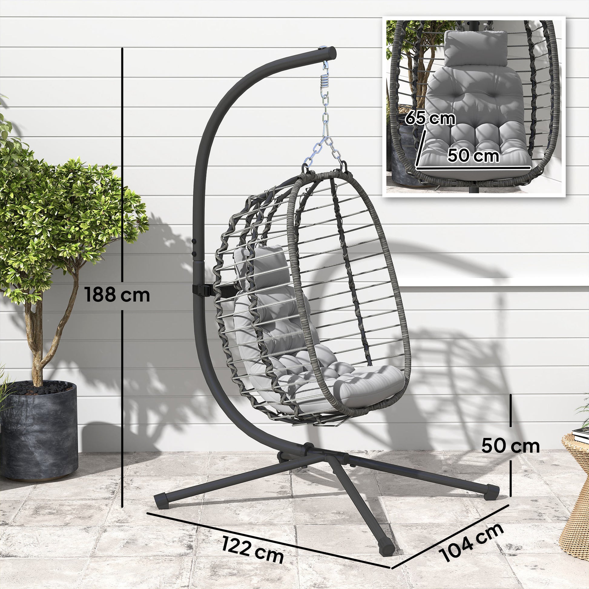 Foldable Hanging Chair in Woven Resin with Stand, Hanging Egg Chair, Hammock Swing Chair, Cushion and Pillow, Adjustable Height, Steel Frame, Indoor and Outdoor, Gray