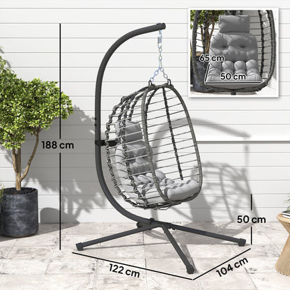 Foldable Hanging Chair in Woven Resin with Stand, Hanging Egg Chair, Hammock Swing Chair, Cushion and Pillow, Adjustable Height, Steel Frame, Indoor and Outdoor, Gray