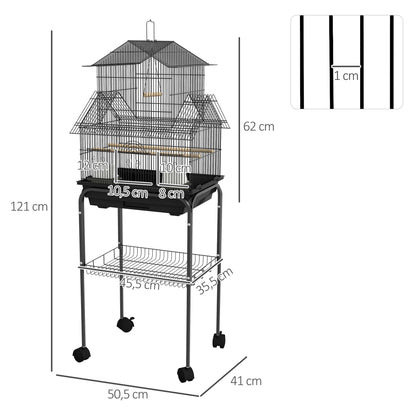 Bird Cage Design House Feeders Perches 3 doors Removable Droppings Tray + Transport Handle 50.5 x 41 x 121 cm Black