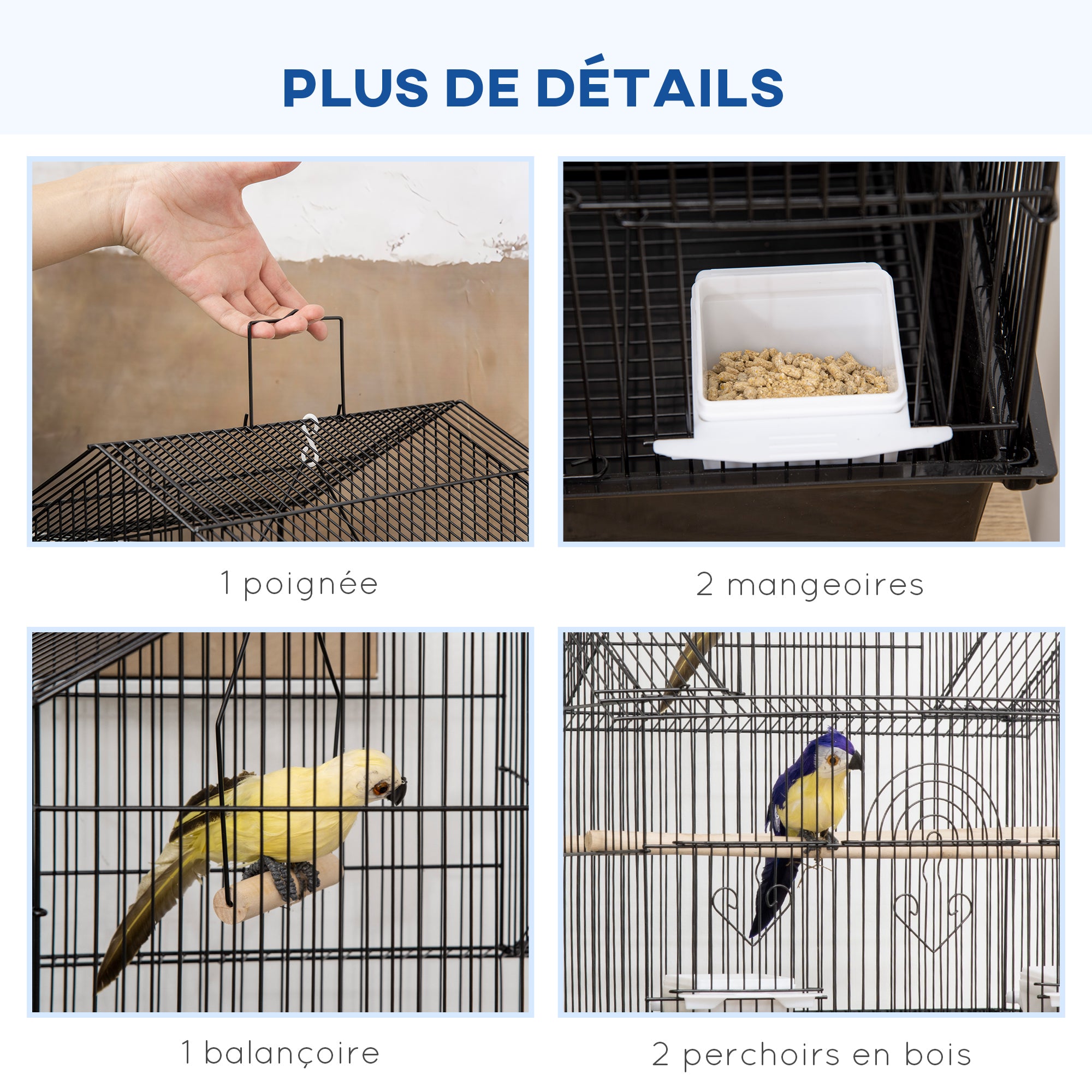 Bird Cage Design House Feeders Perches 3 doors Removable Droppings Tray + Transport Handle 50.5 x 41 x 121 cm Black
