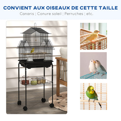 Bird Cage Design House Feeders Perches 3 doors Removable Droppings Tray + Transport Handle 50.5 x 41 x 121 cm Black