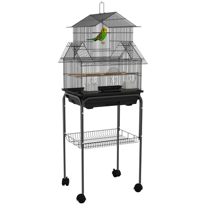 Bird Cage Design House Feeders Perches 3 doors Removable Droppings Tray + Transport Handle 50.5 x 41 x 121 cm Black