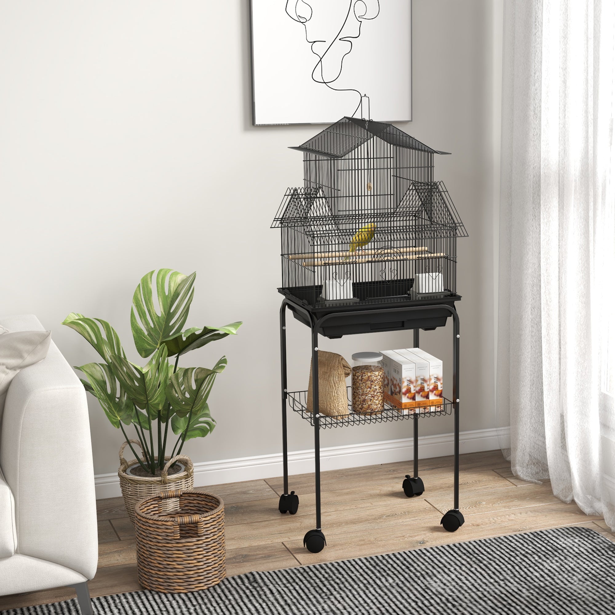 Bird Cage Design House Feeders Perches 3 doors Removable Droppings Tray + Transport Handle 50.5 x 41 x 121 cm Black