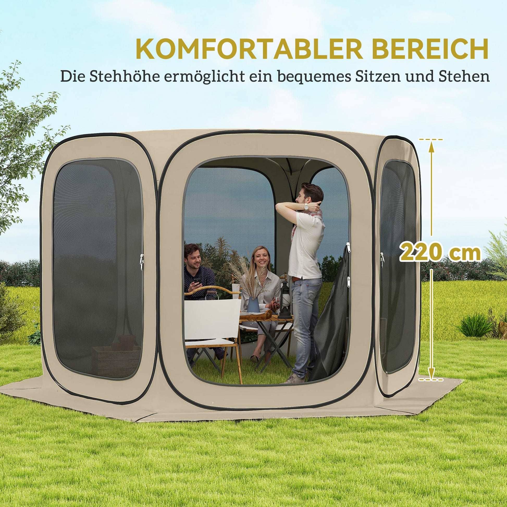 Pop-up Camping Tent Screen Tent foldable Space Tent with Carrying Bag, Mesh Door, Family Tent Pavilion for 6 People, Camping, Garden, Patio, 340 x 300 x 220 cm, Khaki