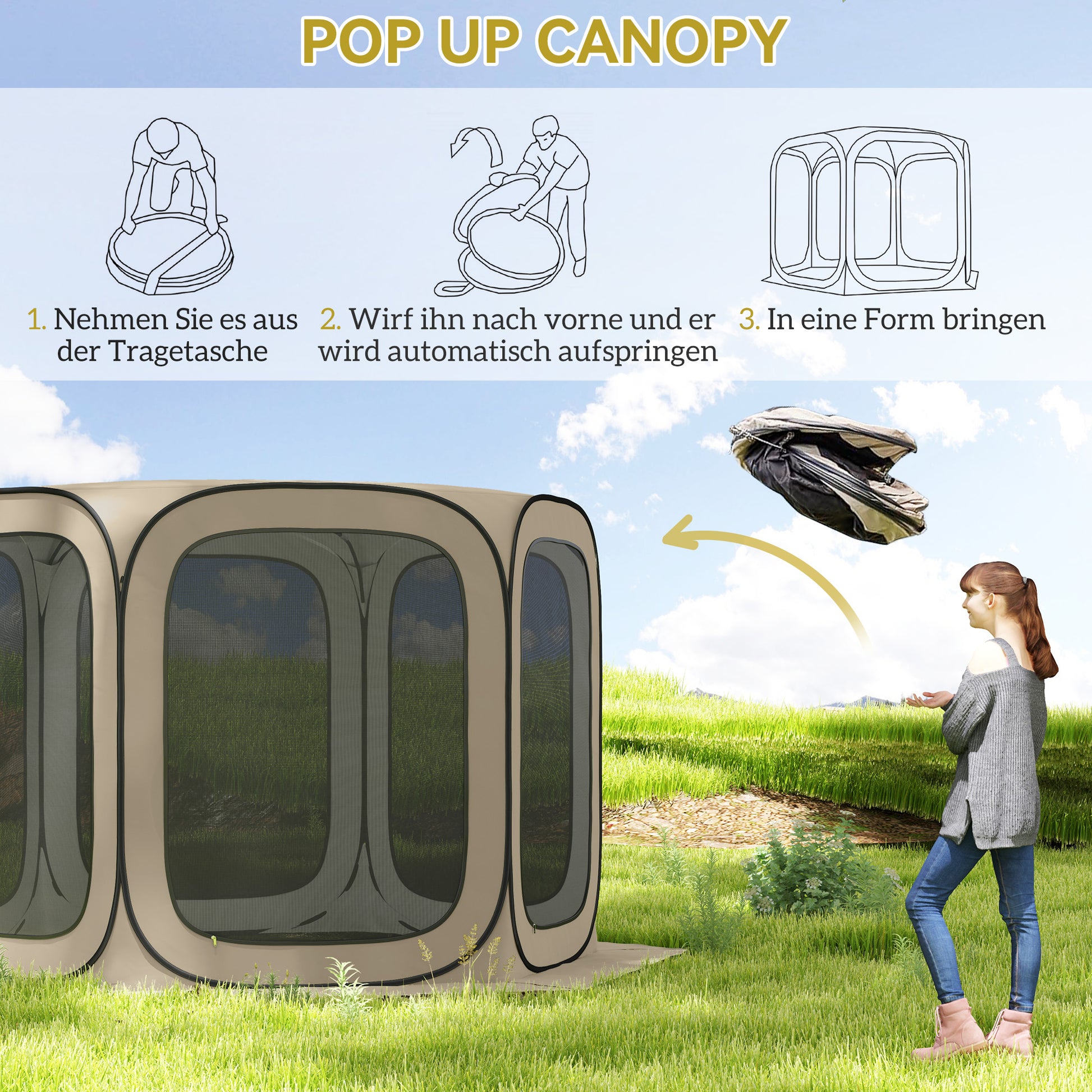 Pop-up Camping Tent Screen Tent foldable Space Tent with Carrying Bag, Mesh Door, Family Tent Pavilion for 6 People, Camping, Garden, Patio, 340 x 300 x 220 cm, Khaki