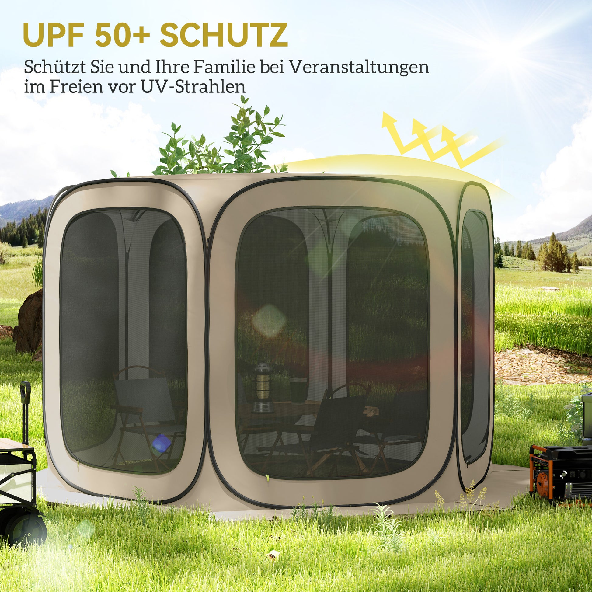 Pop-up Camping Tent Screen Tent foldable Space Tent with Carrying Bag, Mesh Door, Family Tent Pavilion for 6 People, Camping, Garden, Patio, 340 x 300 x 220 cm, Khaki