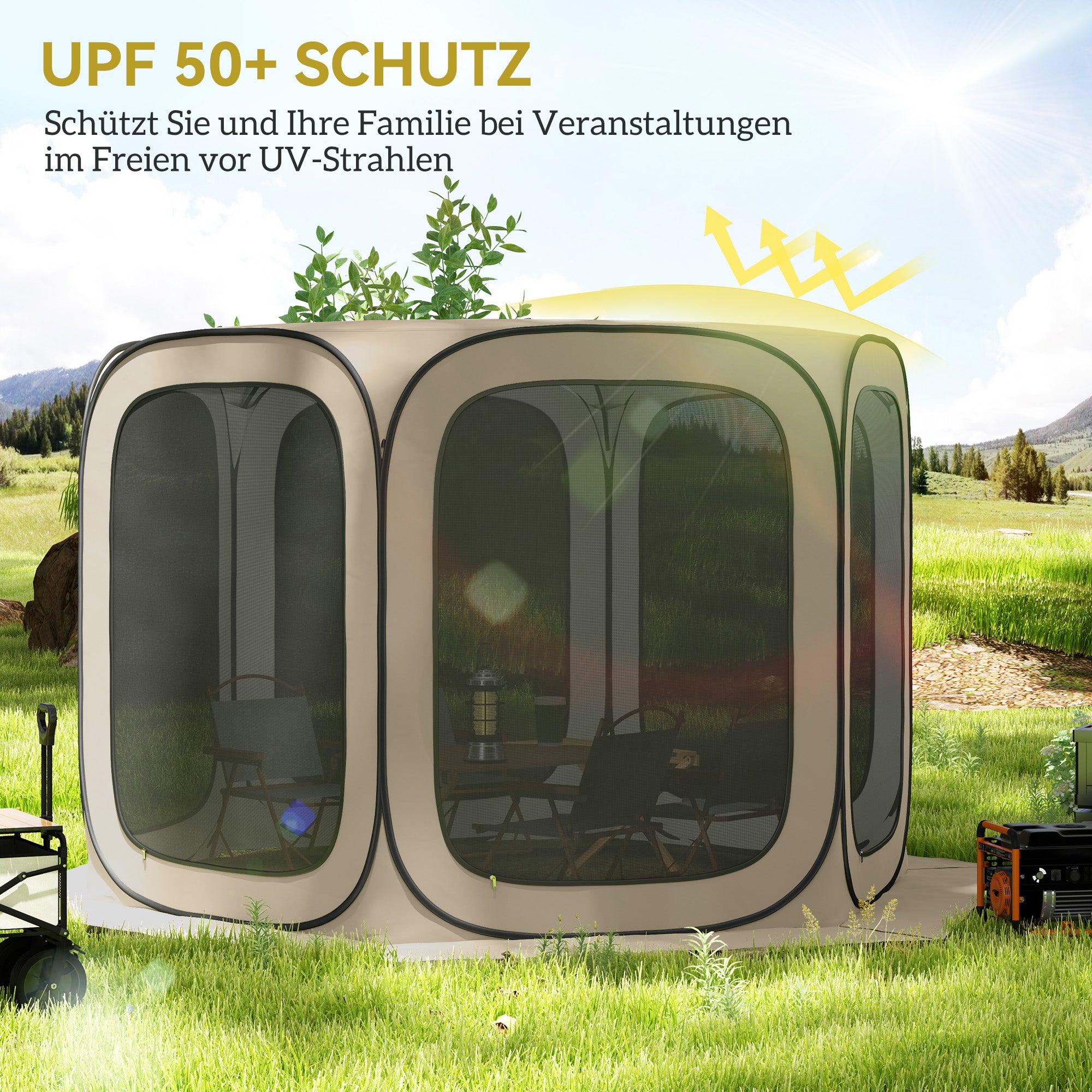 Pop-up Camping Tent Screen Tent foldable Space Tent with Carrying Bag, Mesh Door, Family Tent Pavilion for 6 People, Camping, Garden, Patio, 340 x 300 x 220 cm, Khaki