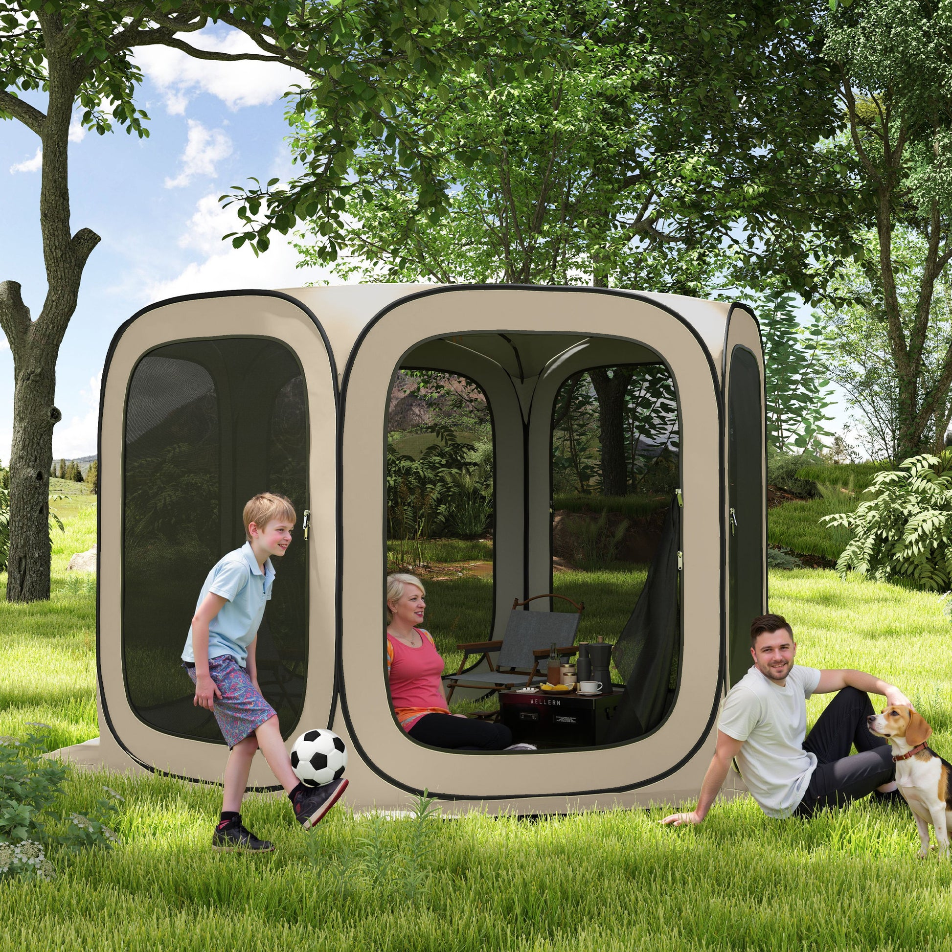 Pop-up Camping Tent Screen Tent foldable Space Tent with Carrying Bag, Mesh Door, Family Tent Pavilion for 6 People, Camping, Garden, Patio, 340 x 300 x 220 cm, Khaki