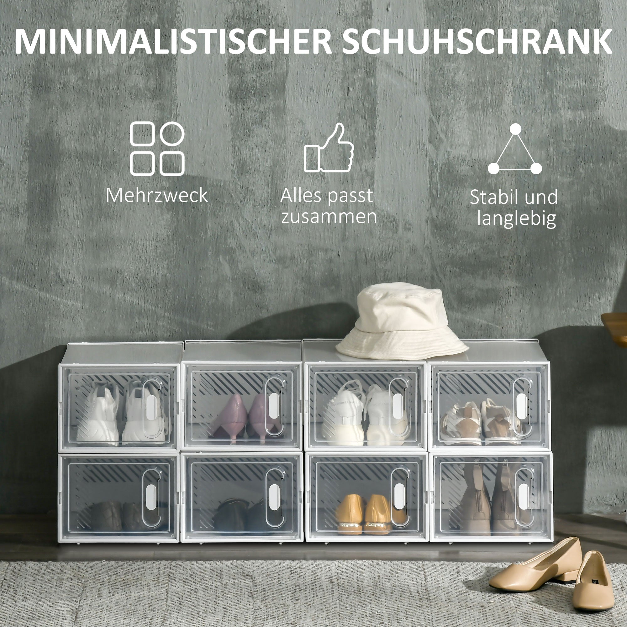 Stackable Shoe Boxes 8 Pieces Shoe Storage Boxes with Ventilation Openings Shoe Rack for High Heels, Booties, up to Size 43 Transparent White