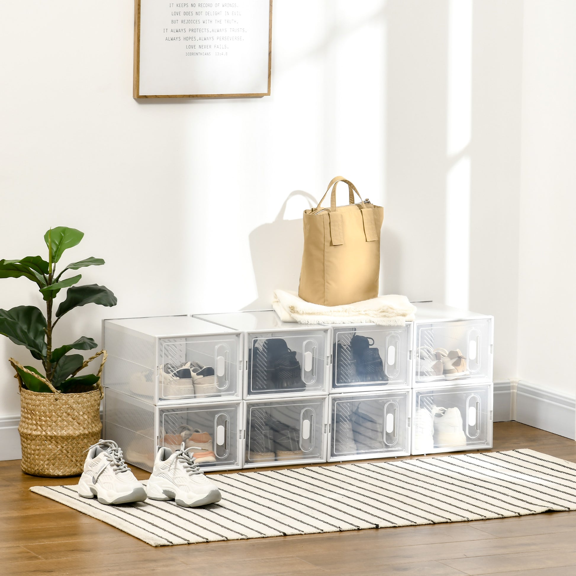 Stackable Shoe Boxes 8 Pieces Shoe Storage Boxes with Ventilation Openings Shoe Rack for High Heels, Booties, up to Size 43 Transparent White