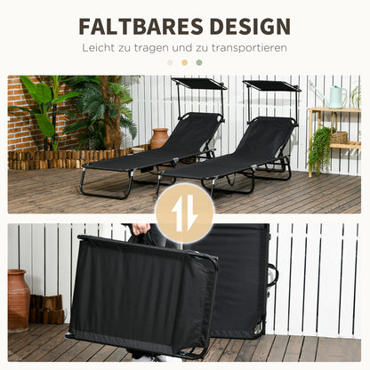 Set of 2 Folding Sun Loungers with Canopy, 5-Position Adjustable Backrest, 265 lb Capacity, Outdoor Pool & Beach — Black