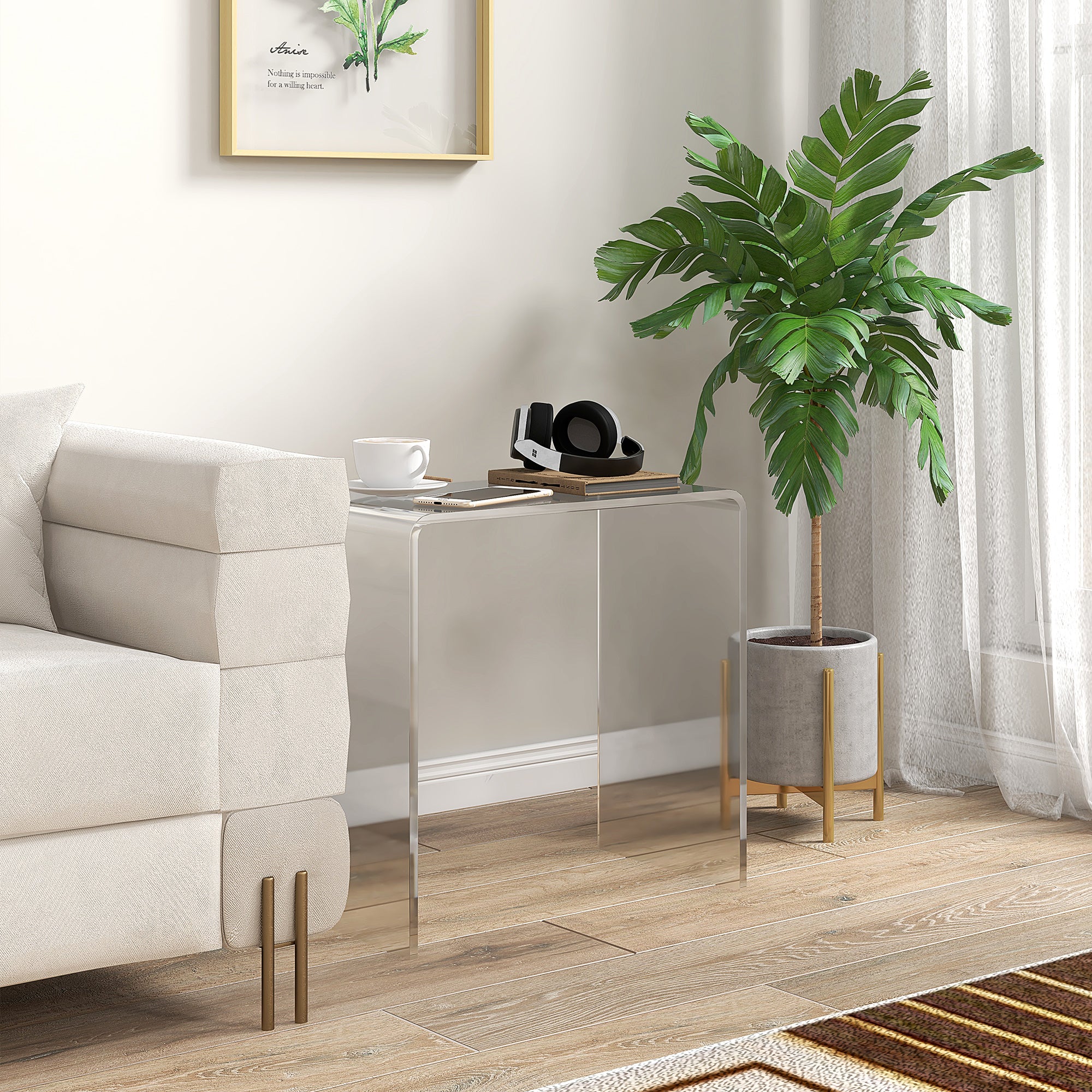 U-Shaped Acrylic Coffee Table, Modern Table with Smooth Edges and Rounded Corners, 53.5x30.5x53.5 cm, Transparent