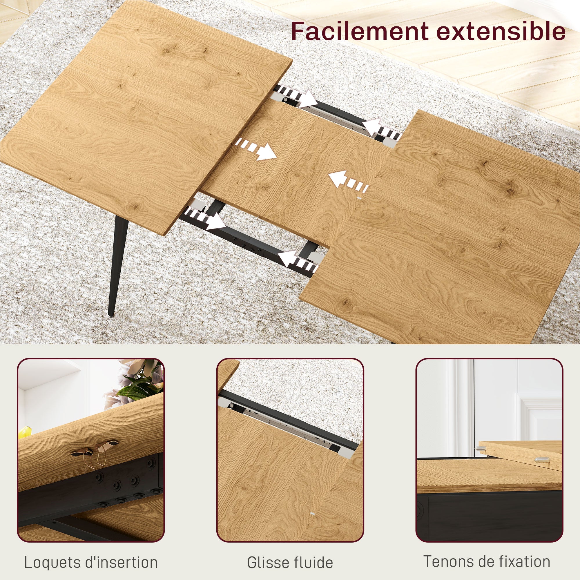 Folding Dining Table, Rectangular Folding Kitchen Table, Extendable Table 120-160 cm for 6 to 8 People with Steel Legs, Natural