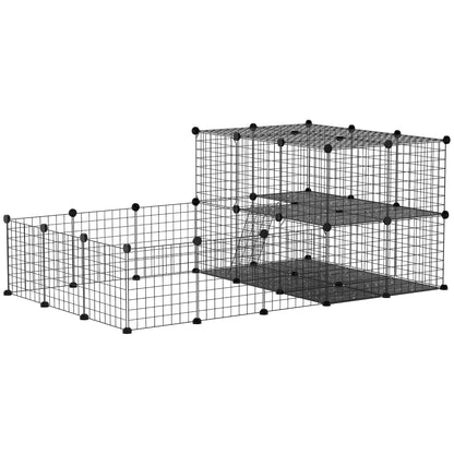 Small Animal Cage with 33 Panels Pet Playpen Customizable Shape Metal Fence for Guinea Pigs Rabbits Chinchillas 175x105x70 cm Black