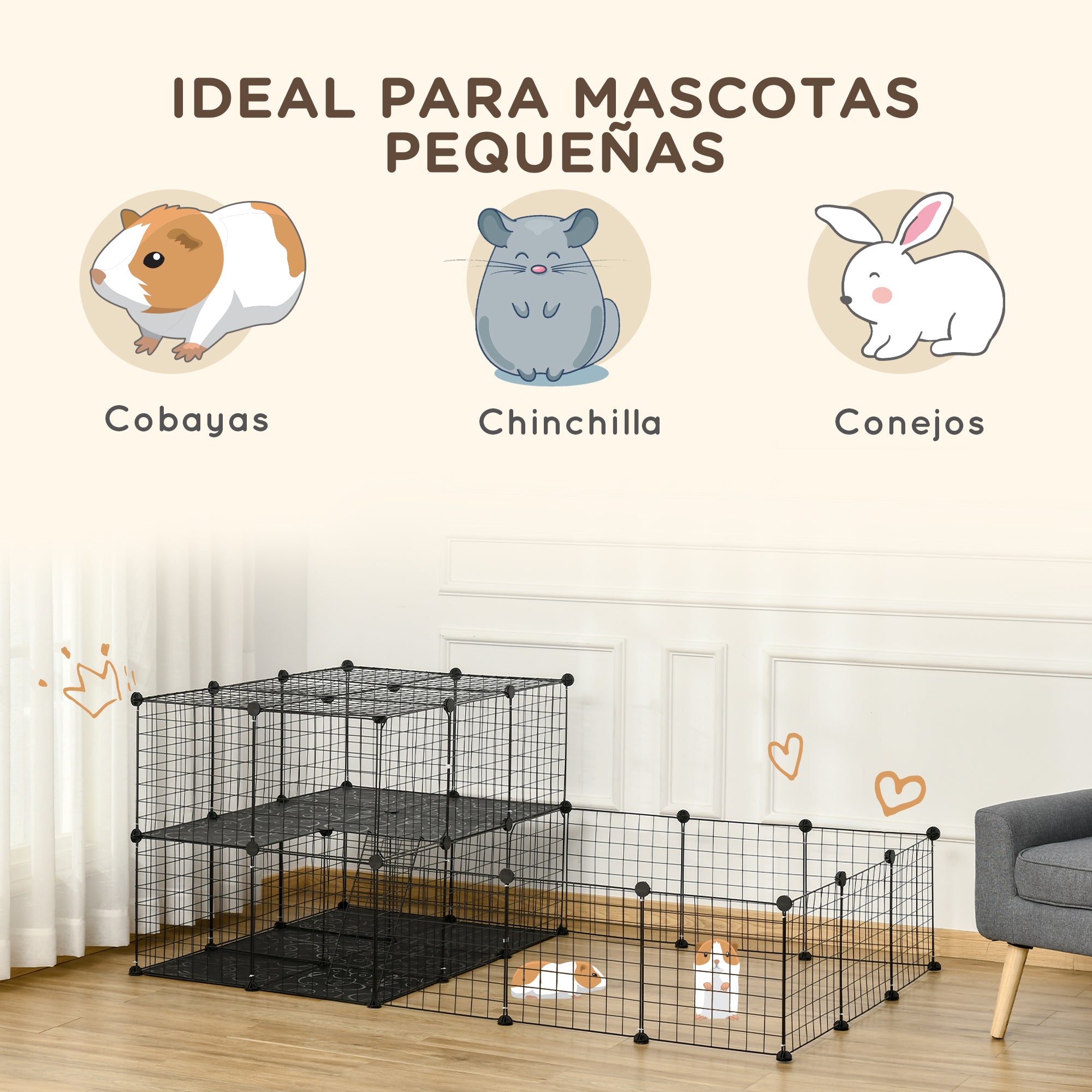 Small Animal Cage with 33 Panels Pet Playpen Customizable Shape Metal Fence for Guinea Pigs Rabbits Chinchillas 175x105x70 cm Black