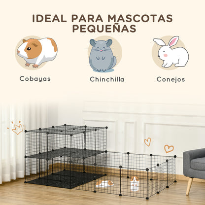 Small Animal Cage with 33 Panels Pet Playpen Customizable Shape Metal Fence for Guinea Pigs Rabbits Chinchillas 175x105x70 cm Black