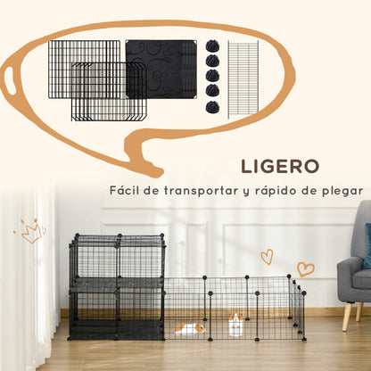 Small Animal Cage with 33 Panels Pet Playpen Customizable Shape Metal Fence for Guinea Pigs Rabbits Chinchillas 175x105x70 cm Black
