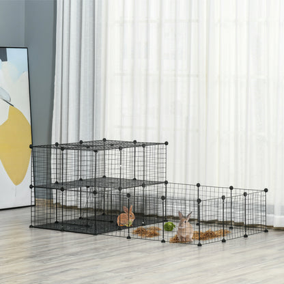 Small Animal Cage with 33 Panels Pet Playpen Customizable Shape Metal Fence for Guinea Pigs Rabbits Chinchillas 175x105x70 cm Black