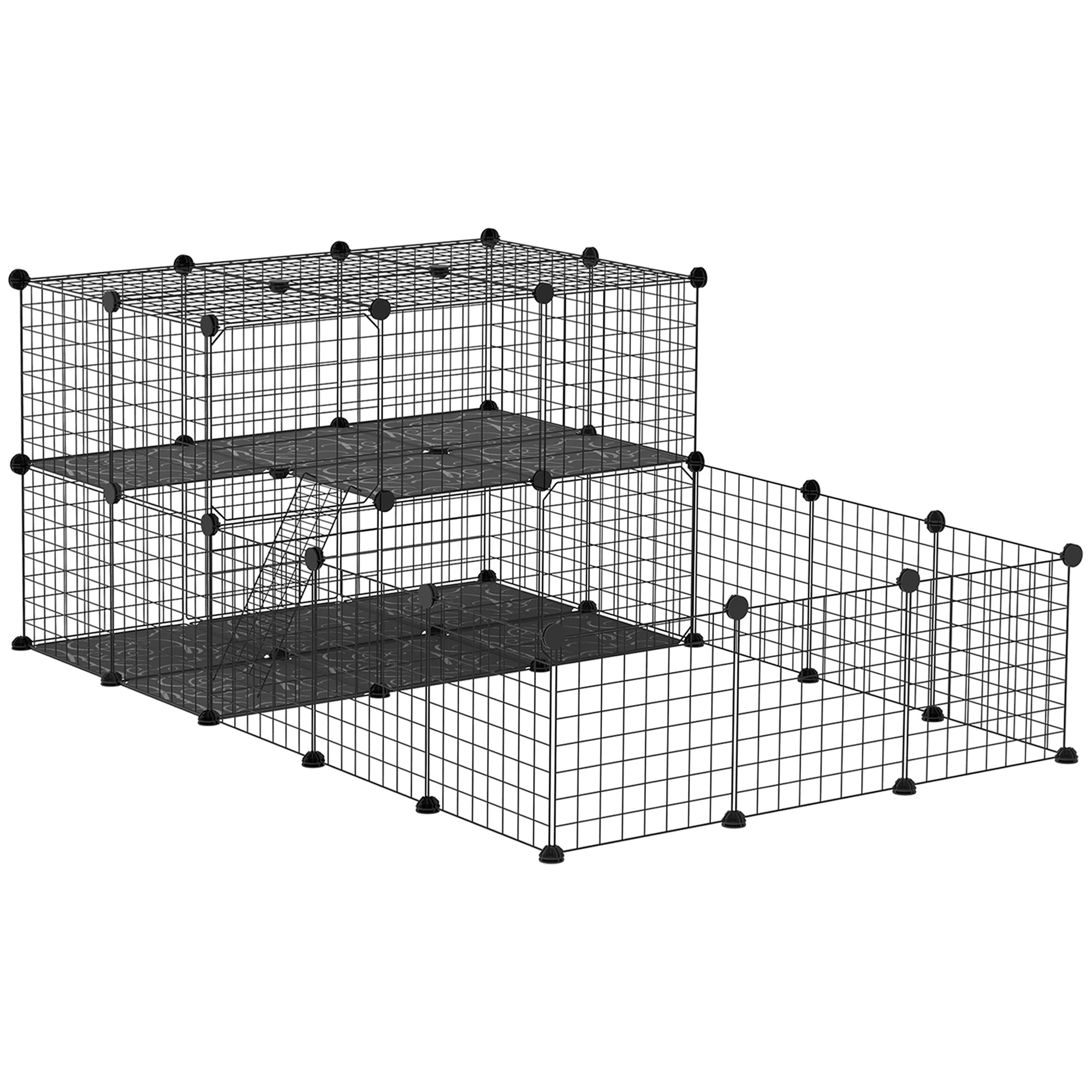 Small Animal Cage with 33 Panels Pet Playpen Customizable Shape Metal Fence for Guinea Pigs Rabbits Chinchillas 175x105x70 cm Black