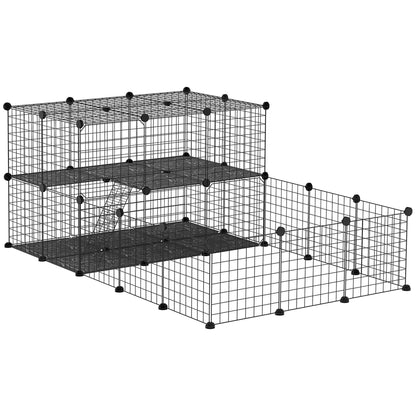 Small Animal Cage with 33 Panels Pet Playpen Customizable Shape Metal Fence for Guinea Pigs Rabbits Chinchillas 175x105x70 cm Black