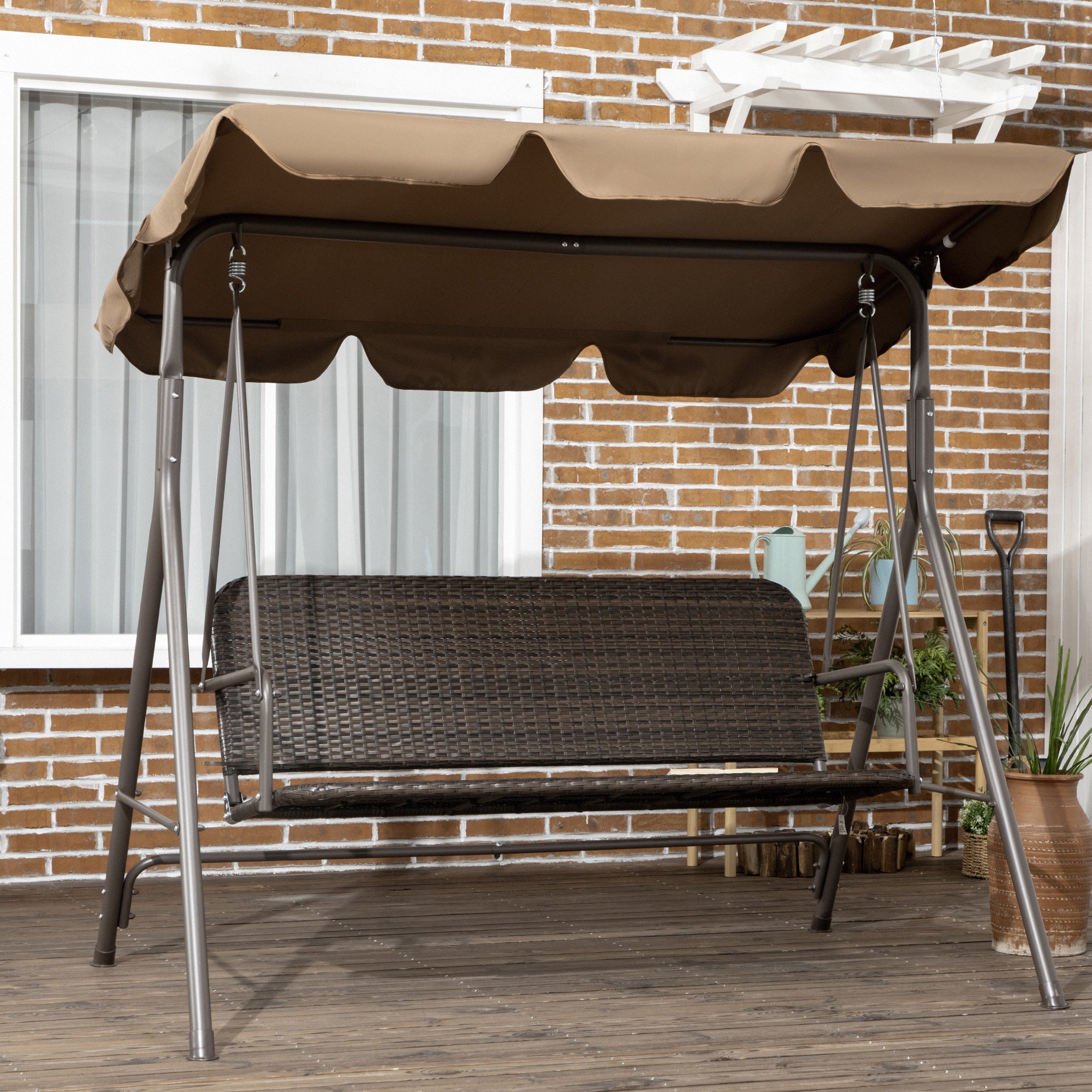 3-Seater Outdoor Garden Swing with Adjustable Canopy PE Rattan Seat and Armrests for Balcony Terrace Patio Load 240 kg 167x112x153 cm Brown