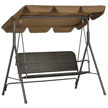 3-Seater Outdoor Garden Swing with Adjustable Canopy PE Rattan Seat and Armrests for Balcony Terrace Patio Load 240 kg 167x112x153 cm Brown