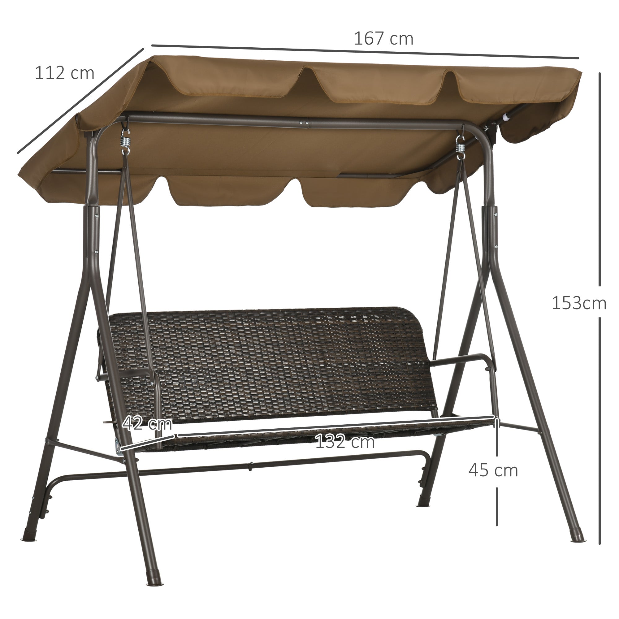 3-Seater Outdoor Garden Swing with Adjustable Canopy PE Rattan Seat and Armrests for Balcony Terrace Patio Load 240 kg 167x112x153 cm Brown