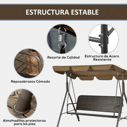 3-Seater Outdoor Garden Swing with Adjustable Canopy PE Rattan Seat and Armrests for Balcony Terrace Patio Load 240 kg 167x112x153 cm Brown