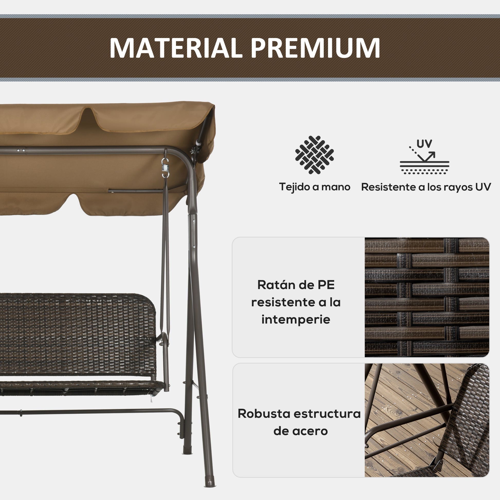 3-Seater Outdoor Garden Swing with Adjustable Canopy PE Rattan Seat and Armrests for Balcony Terrace Patio Load 240 kg 167x112x153 cm Brown