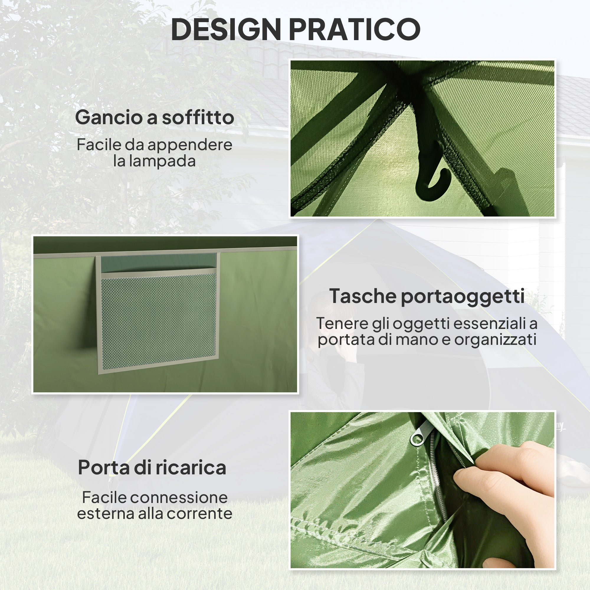 Family Camping Tent for 3 People, Waterproof Dome Tent 3000mm with Charging Port, Pockets, Lantern Hook, and Carry Bag, Green